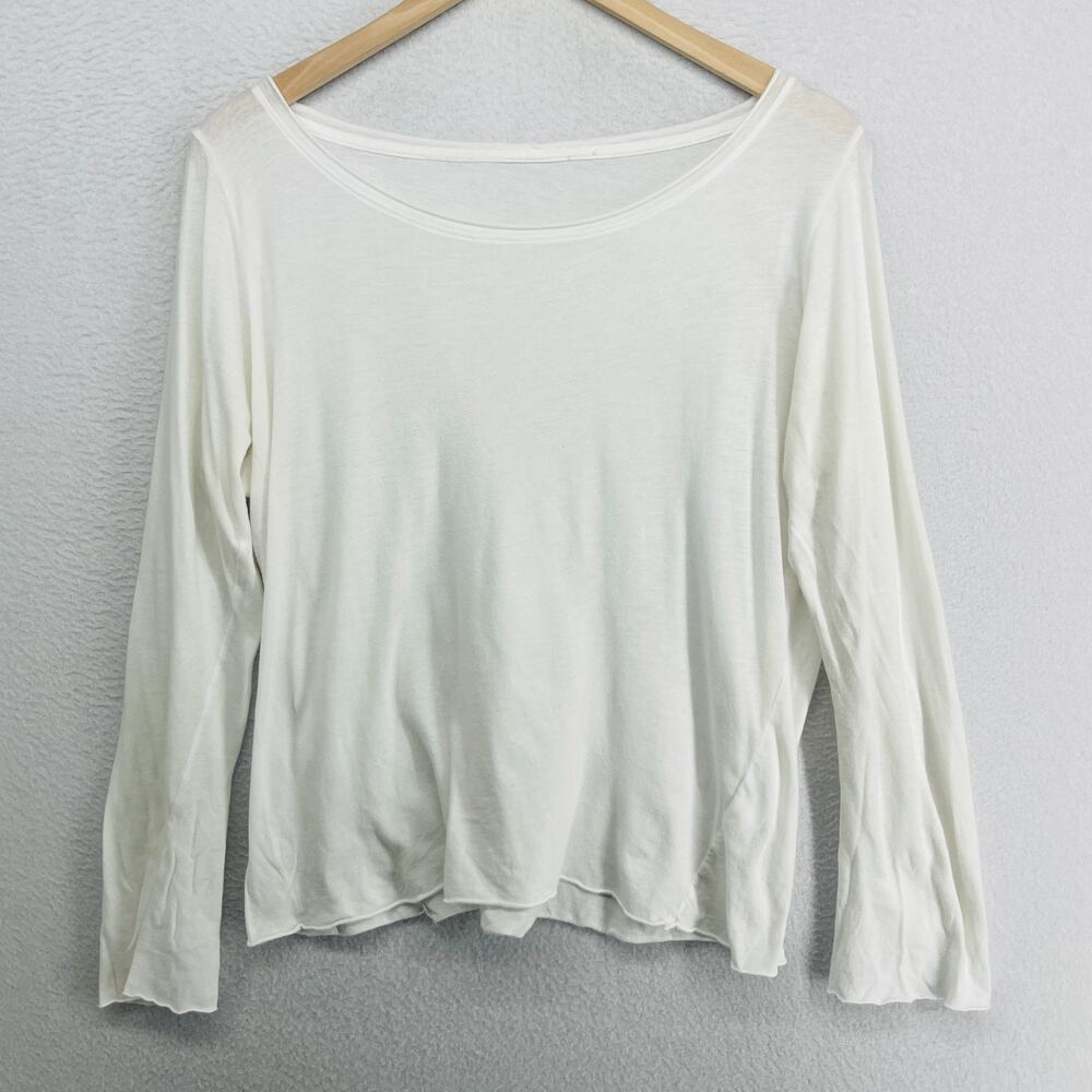 EILEEN FISHER Top L Cotton Fine Jersey Scoop Neck Long Sleeve Raw Hems White